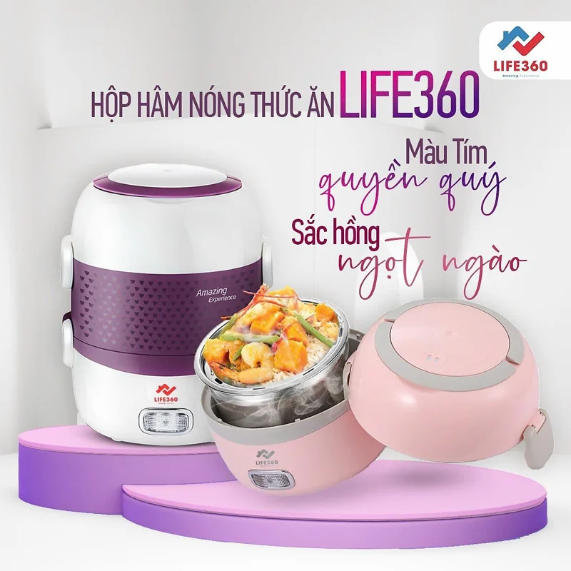 Hộp cơm điện văn phòng 2 tầng Life360 - 3 khay đựng thức ăn, inox304, hấp/ đun sôi/ hâm nóng - Hàng Chính Hãng