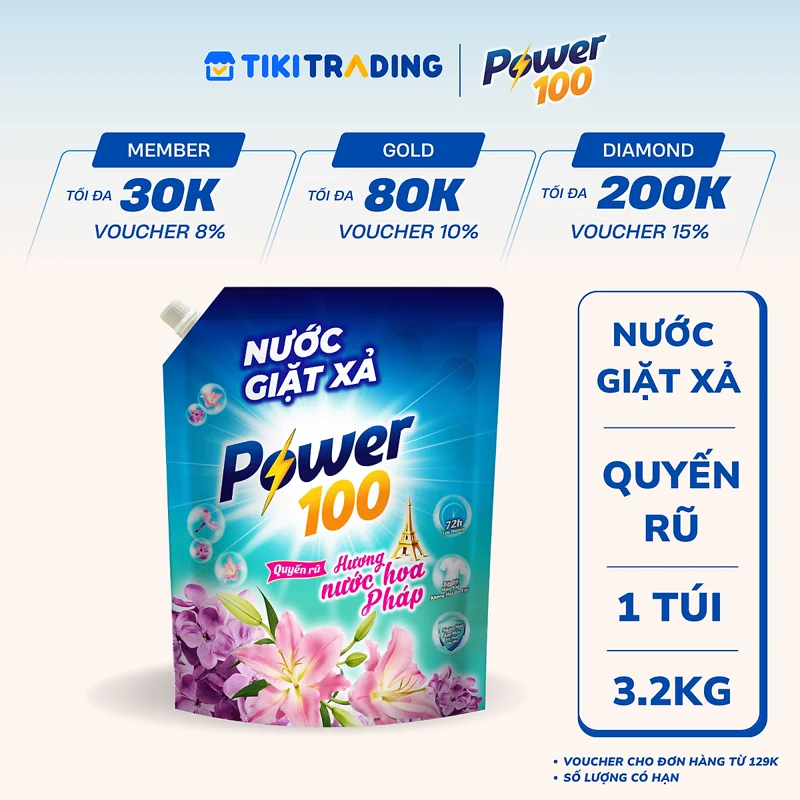 [23.09-02.10 Mua 1 Tặng 1]  Túi Nước Giặt Xả POWER100 Hương Nước Hoa Pháp 3KG