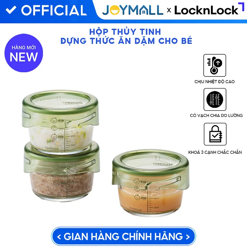 Bộ Hộp Thủy Tinh Đựng Thức Ăn Dặm Cho Bé LocknLock LLG540S3GRN, Hàng Chính Hãng, Vạch Chia - JoyMall