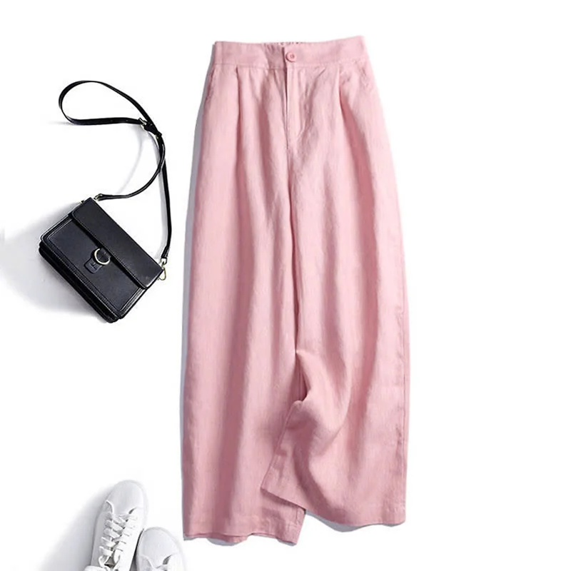 Quần dài suông linen thô cao cấp đũng ngắn lưng thun