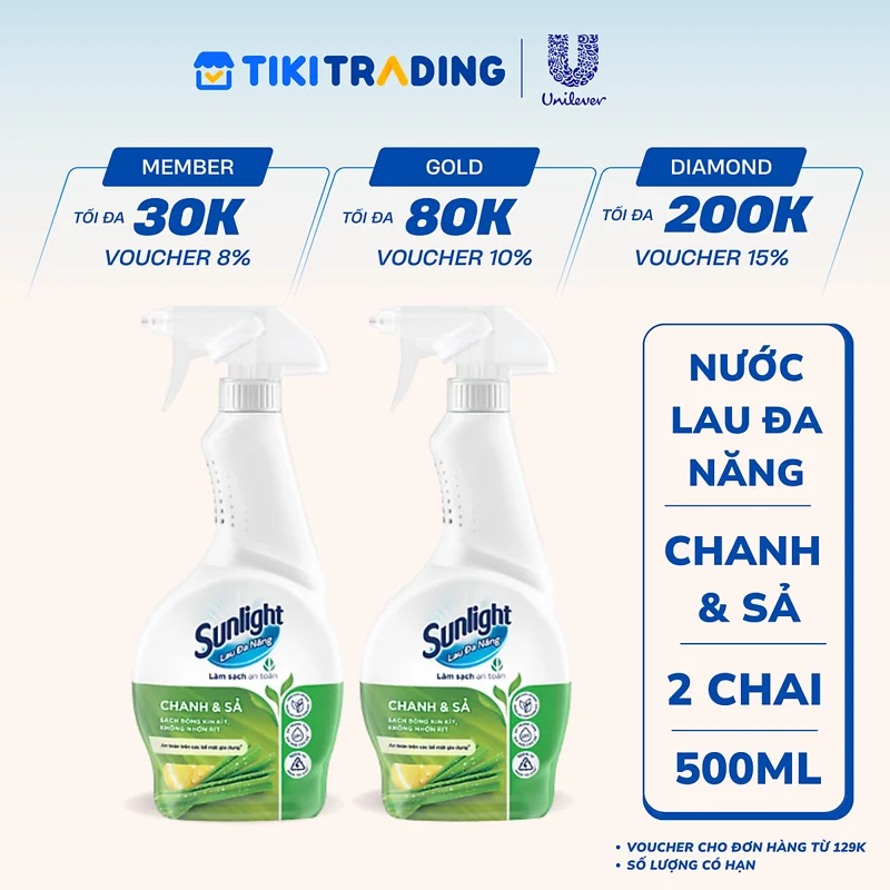 Combo 2 Chai Nước Lau Đa Năng Sunlight Chanh & Sả Phiên Bản Nâng Cấp Từ Cif Sạch Bóng Kin Kít, Không Nhờn Rít Chai 500ML