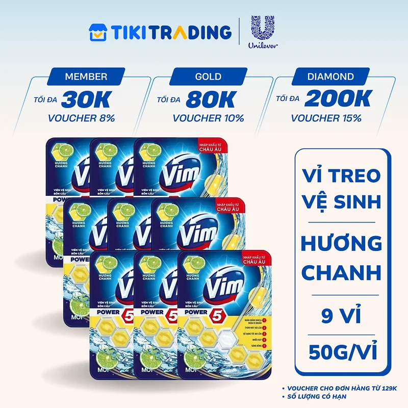 Combo 9 Vỉ Treo Tẩy Bồn Cầu Vim Power 5 Hương Chanh Sạch Khuẩn Thơm Mát 50G/Viên