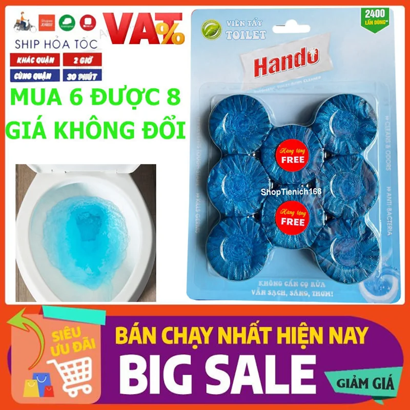 ] [MUA 6 ĐƯỢC 8 GIÁ KHÔNG ĐỔI] Vỉ 6+2 viên tẩy tự động làm sạch và làm thơm bồn cầu Hando