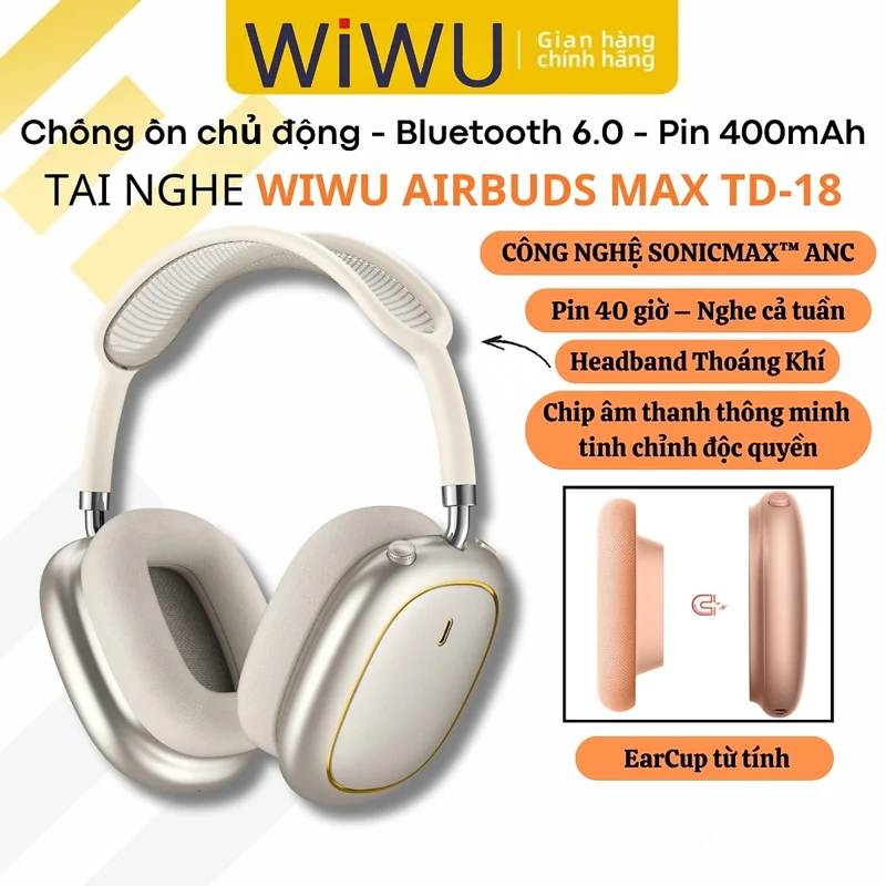 Tai nghe chụp tai bluetooth 6.0 chống ồn chủ động SonicMax ANC cao cấp WIWU Airbuds MAX TD-18 -38dB | Driver 40mm | Pin 40 Giờ | Earcups Xoay 360 | Headband Thoáng Khí - hàng nhập khẩu