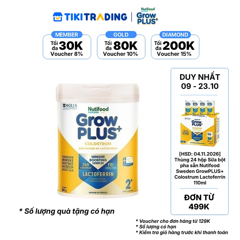 [09.10 - 23.10 QT đơn từ 499K] Sữa bột Nutifood Sweden GrowPLUS+ Colostrum Lactoferrin 2+ 800g
