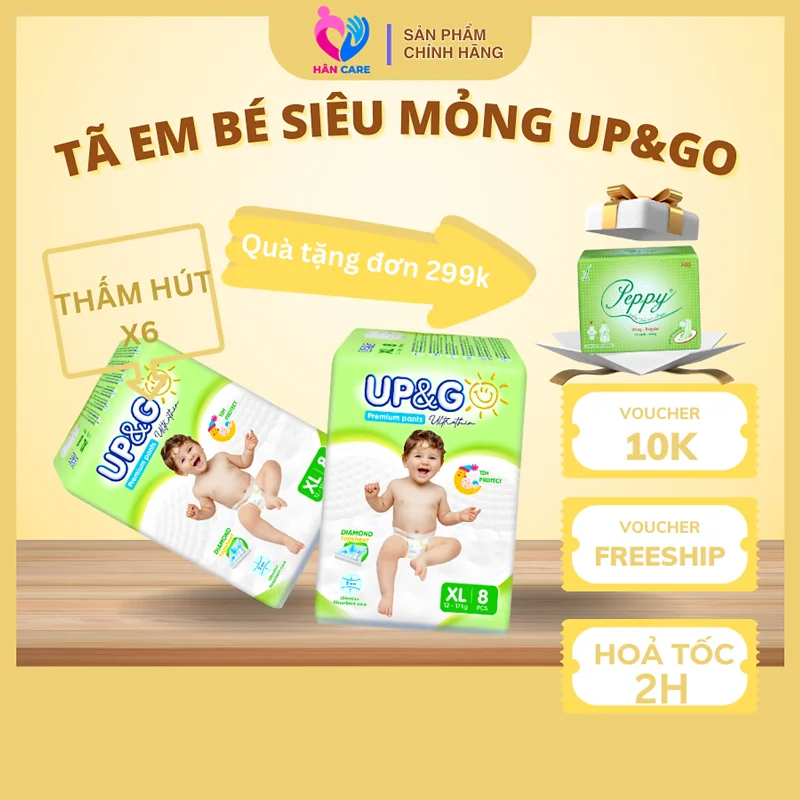 Tã Bỉm Quần Em Bé Siêu Mỏng Up&Go Lõi Nén 2 mm Siêu Mềm Mại, Siêu Khô Thoáng,Siêu Thấm Hút Size S,M,L,XL