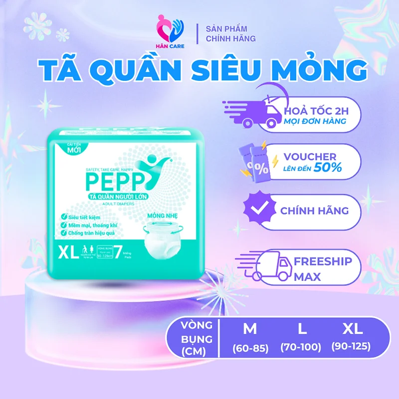 Combo 6 gói Tã/Bỉm Quần Người Lớn, Người Già Peppy Siêu Mỏng, Siêu Thấm, Mềm Mại, Kháng Khuẩn Size M8/L7/XL8