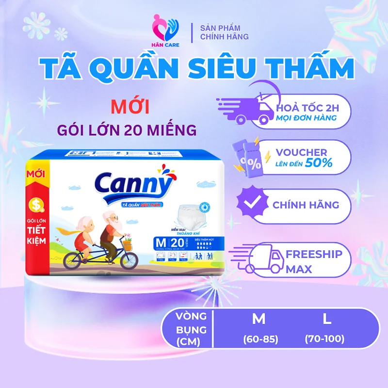 [ GÓI LỚN TIẾT KIỆM] Tã/Bỉm Quần Người Lớn Canny Siêu Mềm, Siêu Thấm, Kháng Khuẩn Size M,L 20 Miếng