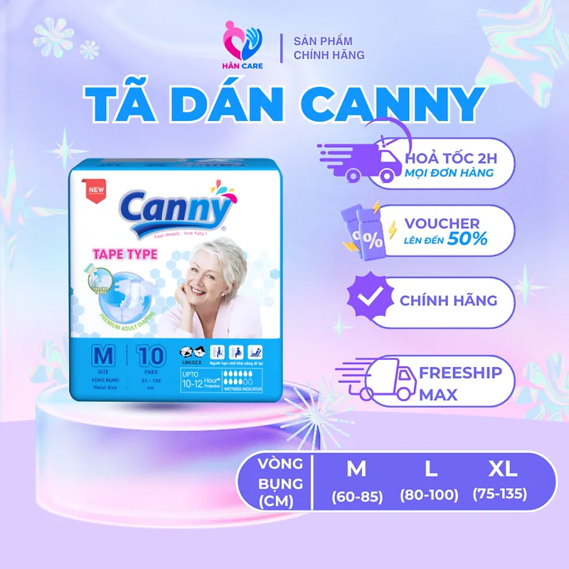Combo 6 gói Tã Dán Người Lớn Canny Siêu Mềm, Siêu Thấm, Kháng Khuẩn Size M10, M/L10, XL10 (10miếng)