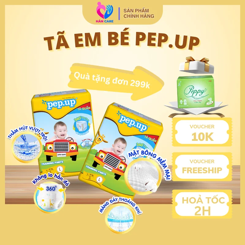 Combo 6 gói Tã/Bỉm Quần Em Bé Pep.up Extra Dry Gói Nhỏ Siêu Mềm Mại, Siêu Khô Thoáng, Kháng Khuẩn Size S11, M10, L9, XL8
