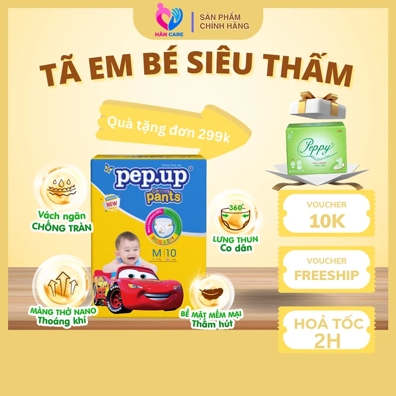Tã/Bỉm Quần Em Bé Pep.up Cottony 3D Gói Nhỏ Siêu Mềm Mại, Siêu Khô Thoáng, Kháng Khuẩn Size S/M/L/XL