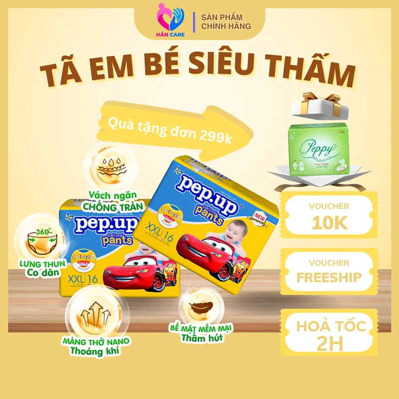 Combo 4 gói Tã/Bỉm Quần Em Bé Pep.up Cottony 3D Gói Trung Siêu Mềm Mại, Siêu Khô Thoáng, Kháng Khuẩn Size S/M/L/XL