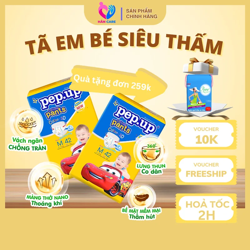 Tã/Bỉm Quần Em Bé Pep.up Cottony 3D Gói Đại Siêu Mềm Mại, Siêu Khô Thoáng, Kháng Khuẩn Size S/M/L/XL