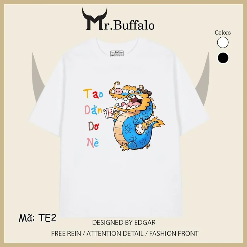 Áo Thun tay lỡ trắng đen xì rách tết 2024 rồng TE2 Mr.Buffalo - TE2- Trắng