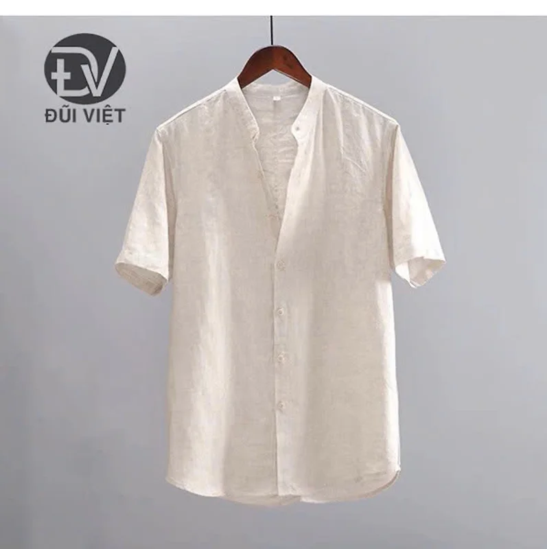 Áo sơ mi nam ngắn tay trơn basic unisex cổ trụ vải sợi Linen thô cao cấp