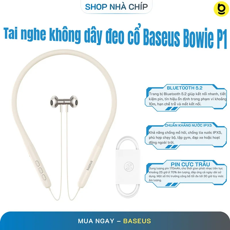 Tai nghe không dây đeo cổ nửa trong tai Bluetooth Thể Thao, kháng nước Baseus Bowie P1 (25hr/Bluetooth 5.2, Waterproof, Half In-ear Neckband Wireless Earphones) - Hàng Chính Hãng