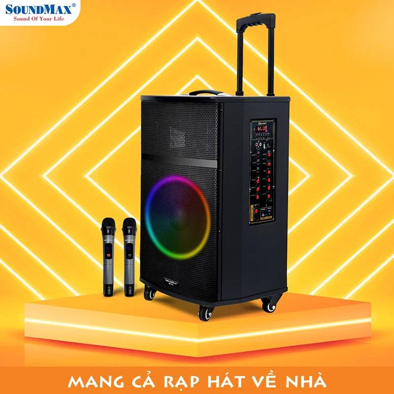 Loa Karaoke Di Động SoundMax M-33 | Loa Bluetooth SoundMax M33| Trolley Speaker | Công suất 100W, Bass 12" | Hỗ trợ USB, Thẻ Nhớ TF, Đèn LED RGB | Tặng 2 Micro Không Dây | Ngõ Vào Guitar - Hàng Chính Hãng