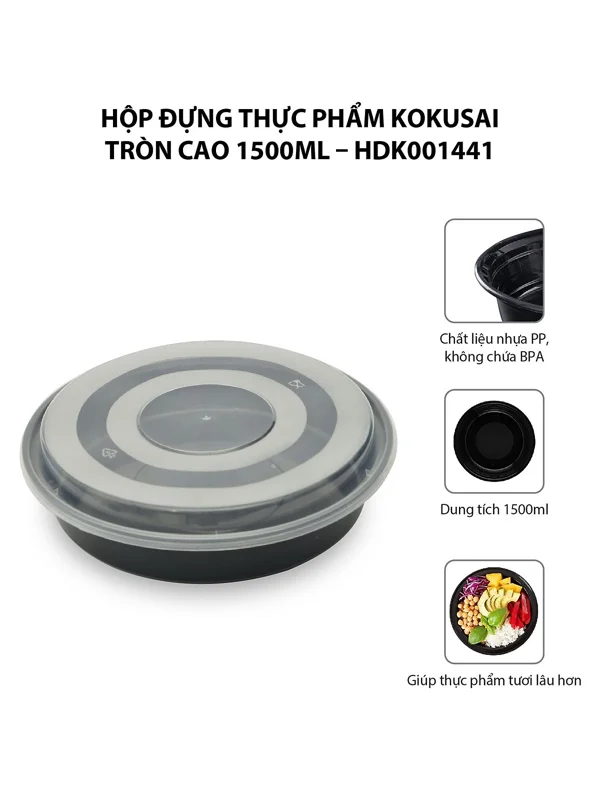 Hộp đựng thực phẩm Kokusai tròn cao 1500ml, dùng được cho lò vi sóng – HDK001441 - Hàng chính hãng