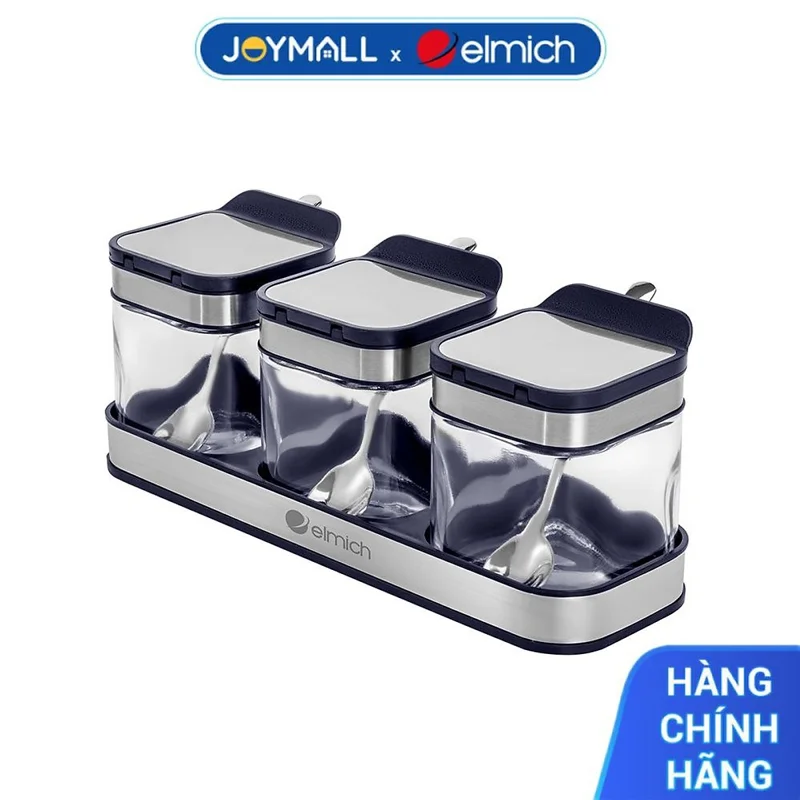Bộ 3 Hộp Đựng Gia Vị Thuỷ Tinh Elmich EL1280, Hàng Chính Hãng, Giá Đỡ Bọc Inox, Kèm Muỗng - JoyMall