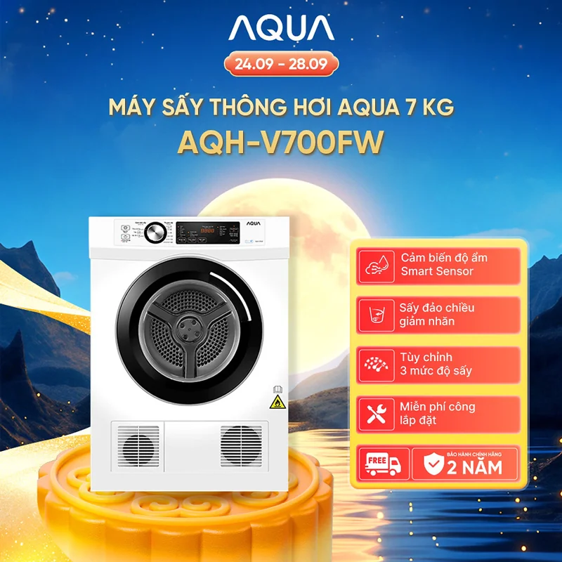 Máy sấy thông hơi Aqua 7 kg AQH-V700FW - Bảo hành 2 năm - Freeship toàn quốc - Hàng chính hãng