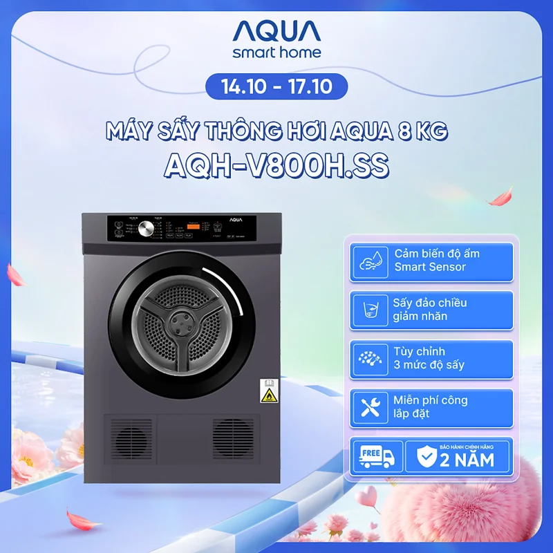 Máy sấy thông hơi Aqua 8KG AQH-V800H.SS - Bảo hành tận nhà - Freeship toàn quốc - Hàng chính hãng