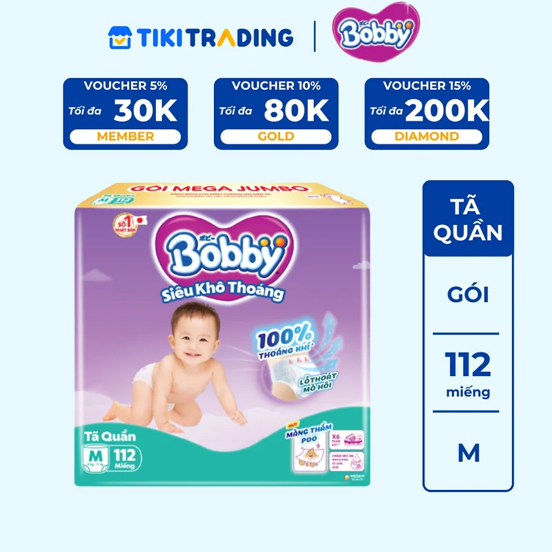 Tã quần Bobby Siêu Khô Thoáng - 100% Thoáng Khí Mega Jumbo M112