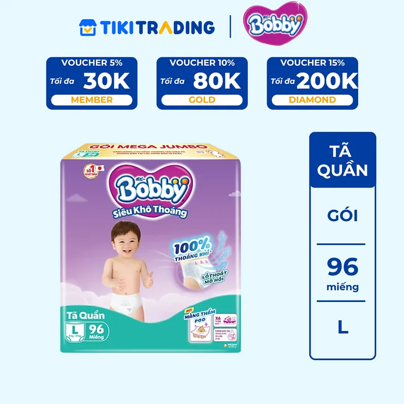 Tã quần Bobby Siêu Khô Thoáng - 100% Thoáng Khí Mega Jumbo L96