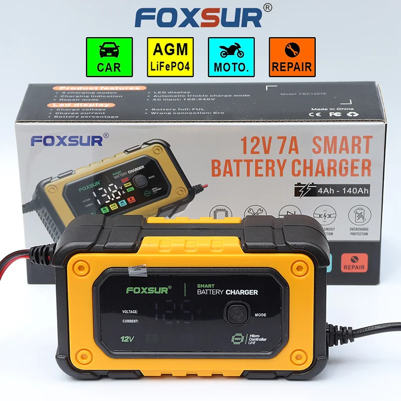 Sạc bình ắc quy FOXSUR FBC1207E 4Ah - 140Ah 7A 12V tự ngắt khử sunfat chống ngược cực