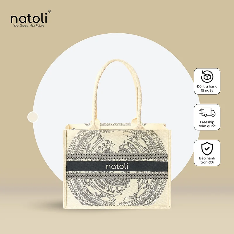 Túi cói vintage, túi đi biển NATOLI đi du lịch, đi chơi có khóa kéo đựng đồ tiện lợi BST Artisan Eco Jute Tote T36