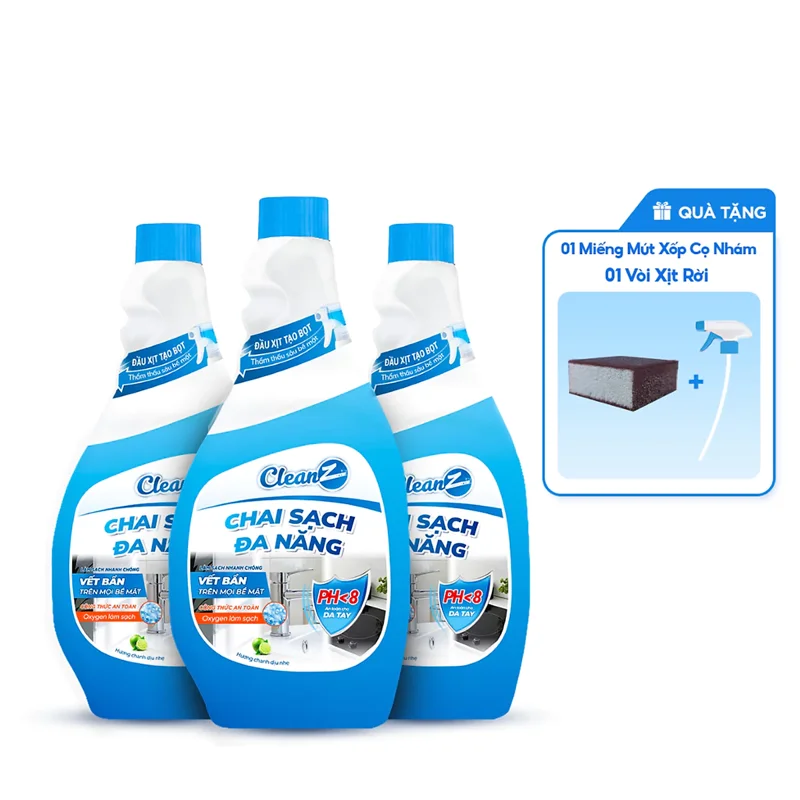 Combo 3 chai sạch đa năng Cleanz hương Chanh (không xịt bọt) + Quà tặng