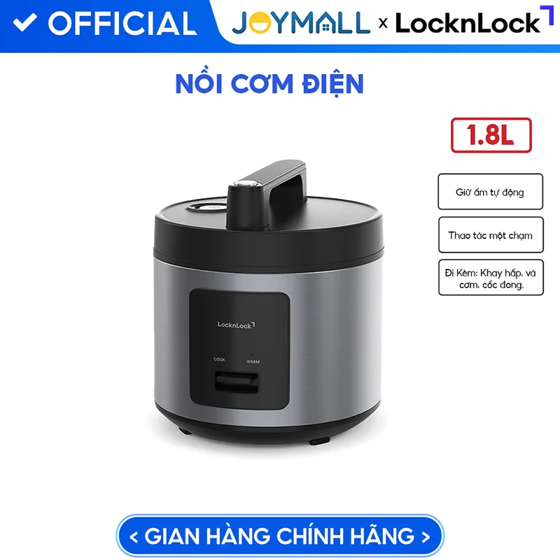 Nồi Cơm Điện LocknLock Essential Rice Cooker EJR452BLK 1.8L, Hàng Chính Hãng, Màu Đen - Joymall