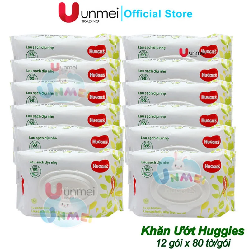 Thùng 12 gói Khăn ướt Huggies không mùi (80 miếng/gói)
