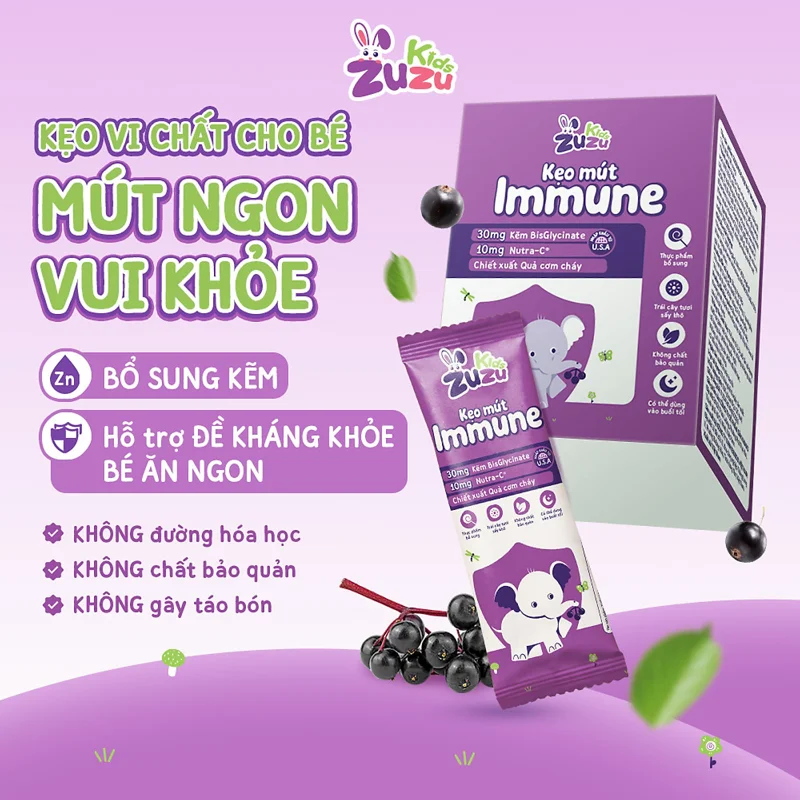 ZuZuKids Kẹo Mút Vi Chất IMMUNE Bổ Sung Kẽm Tăng Đề Kháng Cho Bé - Dây 10 que & Hộp 20 que