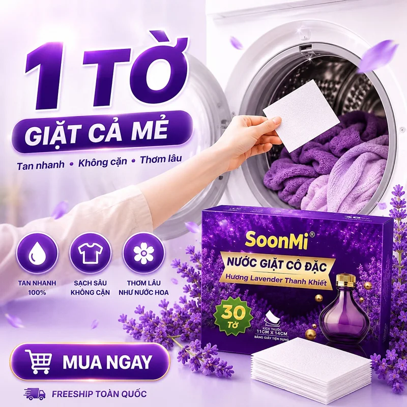 Nước Giặt Cô Đặc SoonMi Hương Lavender - Công Nghệ Giặt Tẩy Thế Hệ Mới (Hộp 30 Tờ) - hàng chính hãng