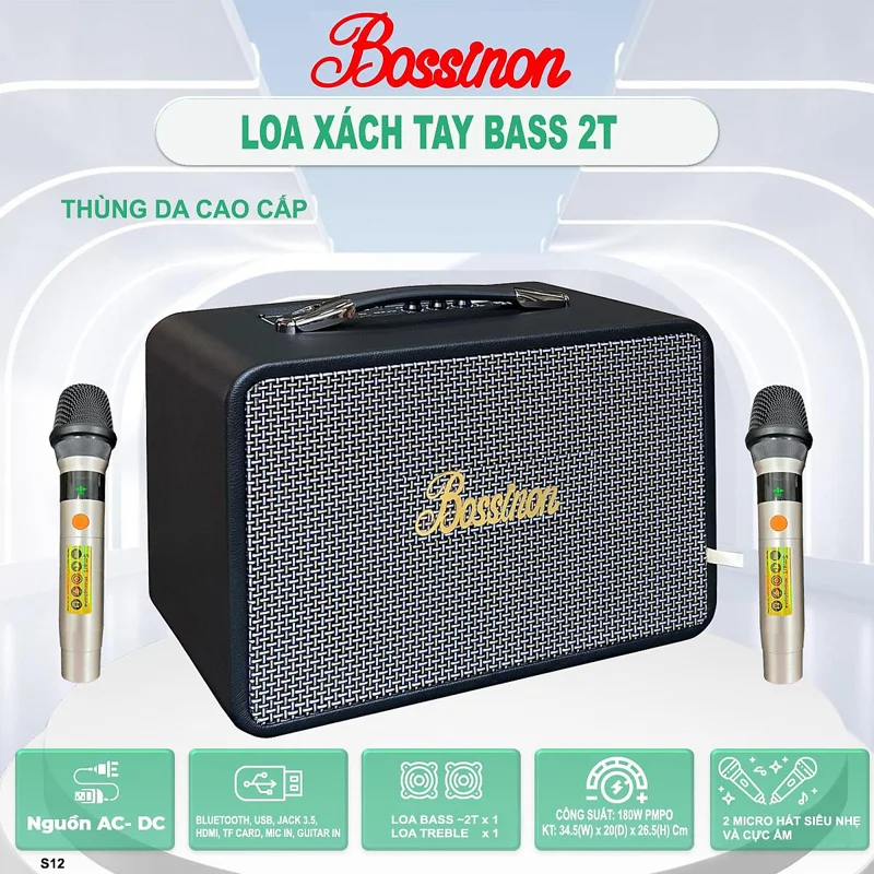 LOA KARAOKE XÁCH TAY BOSSINON S12 - CÔNG SUẤT 180W, BASS 20CM - HÀNG CHÍNH HÃNG