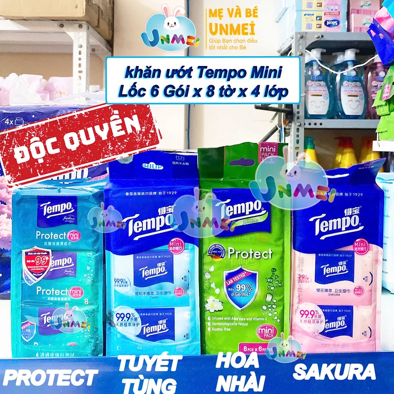 Lốc 6 Gói Khăn ướt Mini Tempo Hương Tuyết Tùng/Hoa Nhài/Sakura Ngăn Ngừa Vi Khuẩn cao cấp - Diệt khuẩn 99% (8 tờ/gói)
