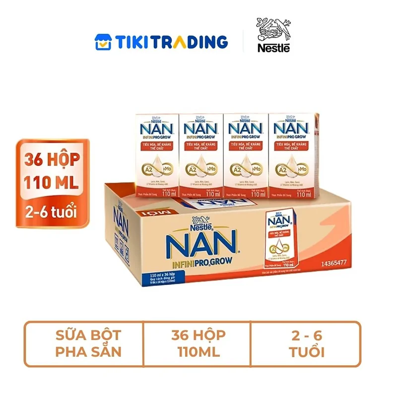 Thùng 36 hộp sữa pha sẵn Nestle NAN INFINIPRO GROW kết hợp sữa A2 và HMO hỗ trợ tiêu hóa, đề kháng và phát triển thể chất (4x110ml)