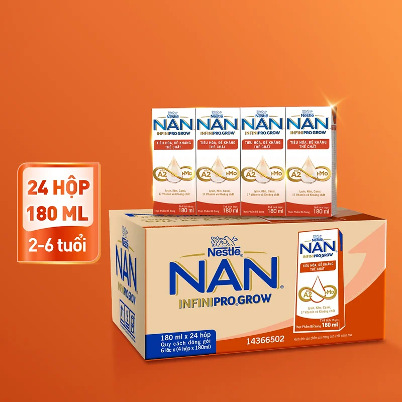 Thùng 24 hộp sữa pha sẵn Nestle NAN INFINIPRO GROW kết hợp sữa A2 và HMO hỗ trợ tiêu hóa, đề kháng và phát triển thể chất (4x180ml)