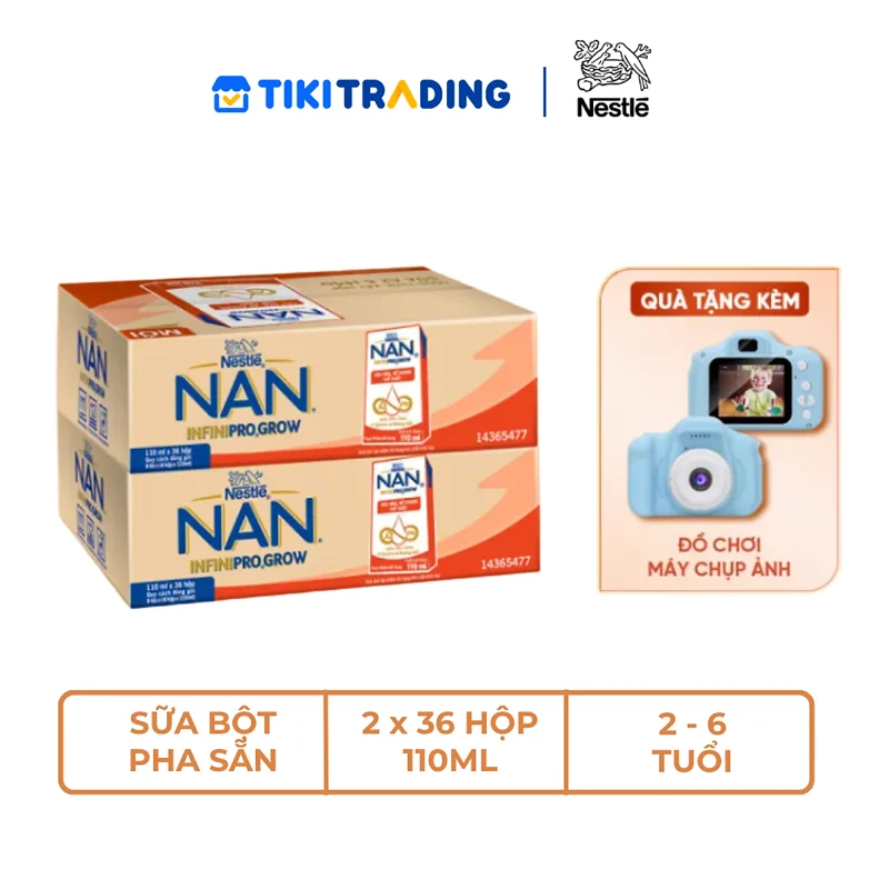 [Tặng Máy chụp ảnh] Combo 2 Thùng 36 hộp sữa pha sẵn Nestle NAN INFINIPRO GROW kết hợp sữa A2 và HMO hỗ trợ tiêu hóa, đề kháng và phát triển thể chất (4x110ml)