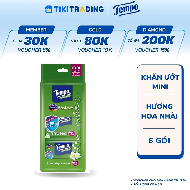 Khăn ướt mini Tempo Protect mini wet wipes Jasmine ( 6 gói)