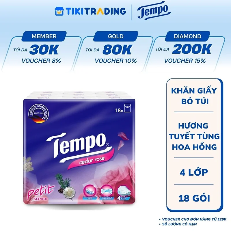 Khăn giấy bỏ túi Tempo Petit hương Tuyết tùng hoa hồng (18 gói)