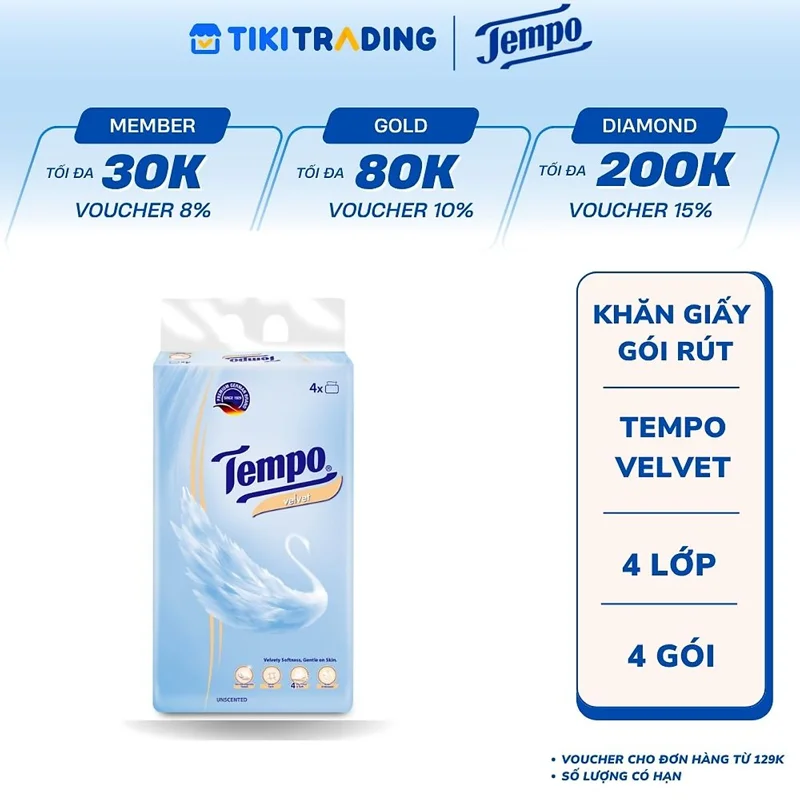 Khăn giấy gói rút Tempo Velvet (4 gói)