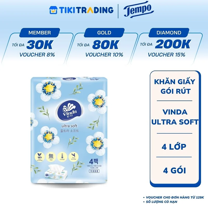Khăn giấy rút Vinda Utra Soft 150 tờ (4 gói)