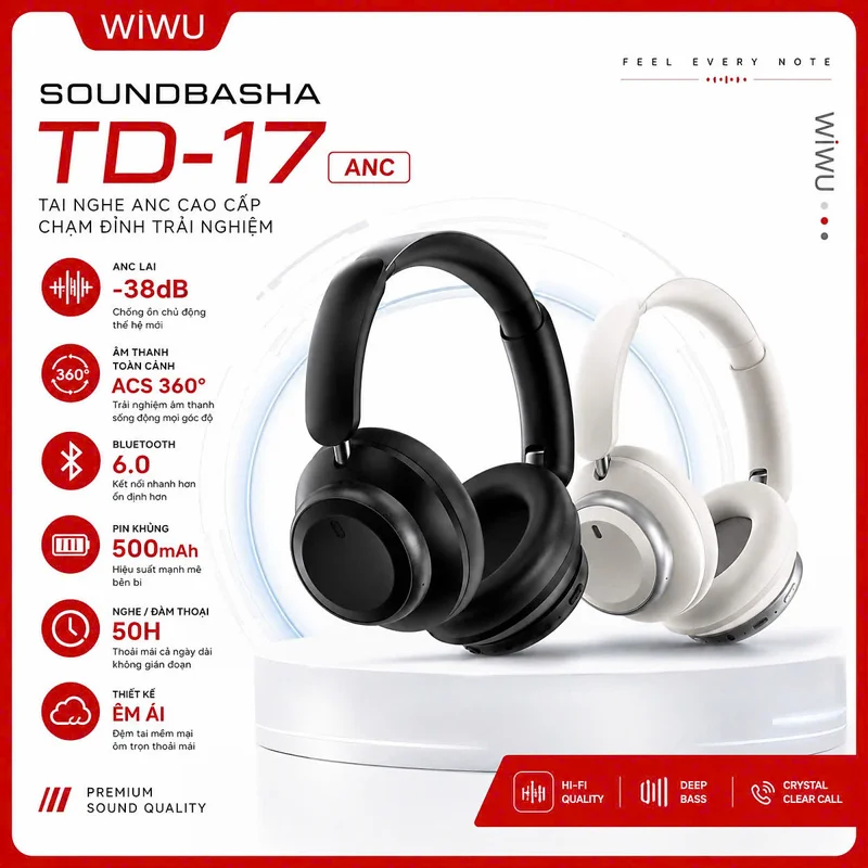 Tai Nghe chống ồn ANC Kép SilentCore Hybrid Bluetooth V6.0 không dây Hi-Res ACS WIWU Soundbasha TD-17 cho iphone ipad oppo z fold samsung - Chống Ồn Hybrid ANC, Bluetooth 6.0, Pin 50 Giờ, Âm Thanh ACS 360° - Hàng nhập khẩu