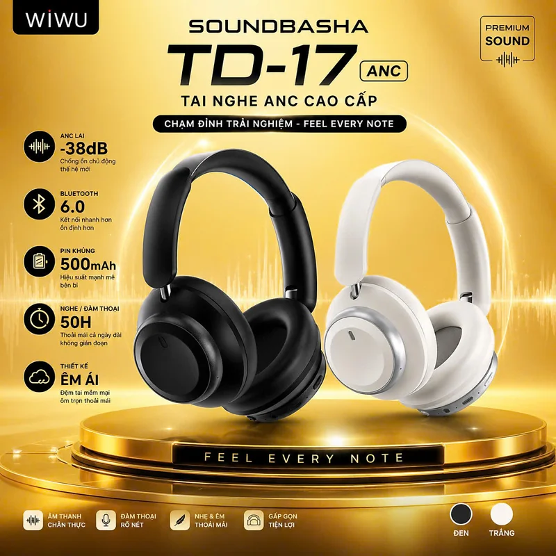 Tai Nghe chụp tai Chống ồn chủ động SilentCore Hybrid ANC Kép bluetooth V6.0 WiWU Soundbasha TD-17 cho iphone ipad oppo z fold samsung - Chống Ồn Hybrid ANC, Bluetooth 6.0, Pin 50 Giờ, Âm Thanh ACS 360° - Hàng nhập khẩu