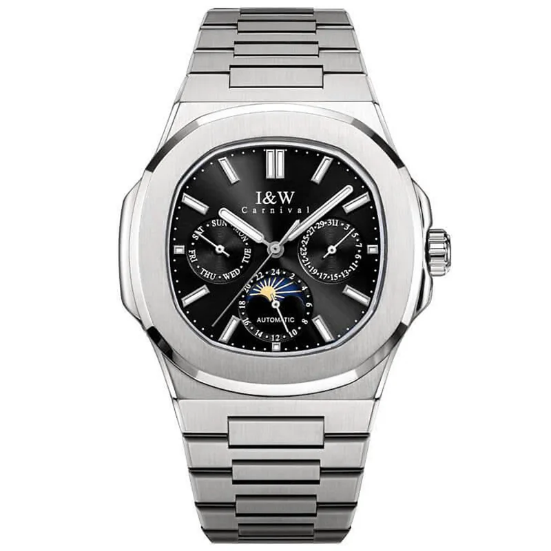 Đồng hồ nam chính hãng I&W CARNIVAL 55886G1-T3 mặt đen size mặt 42mm,kính sapphire ,chống nước 50m,dây thép không gỉ