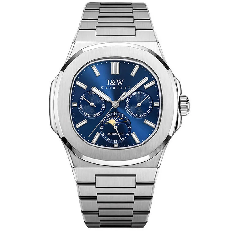 Đồng hồ nam chính hãng I&W CARNIVAL 55886G1-T2 mặt xanh navy size mặt 42mm,kính sapphire ,chống nước 50m,dây thép không gỉ