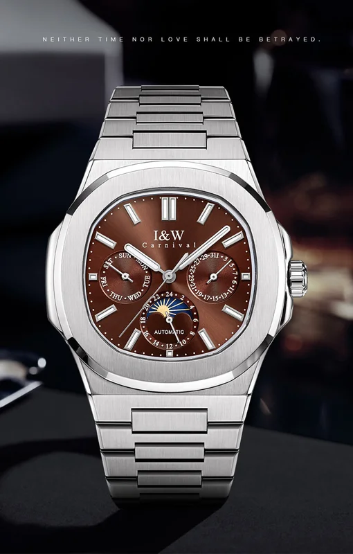 Đồng hồ nam chính hãng I&W CARNIVAL 55886G1-T5 mặt nâu size mặt 42mm,kính sapphire ,chống nước 50m,dây thép không gỉ