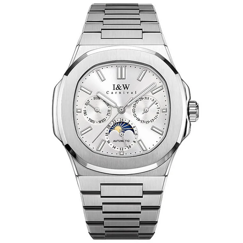 Đồng hồ nam chính hãng I&W CARNIVAL 55886G1-T1 mặt trắng size mặt 42mm,kính sapphire ,chống nước 50m,dây thép không gỉ