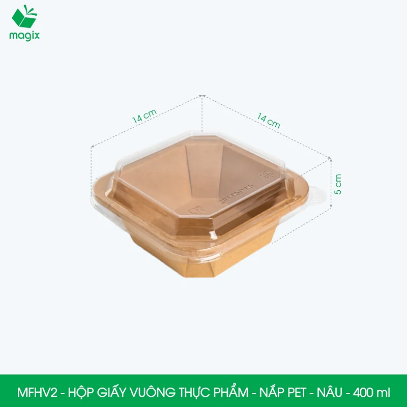 MFHV2 - 400ml - Combo 25 hộp giấy kraft vuông nắp PET đựng salad, trái cây, đồ ăn eatclean